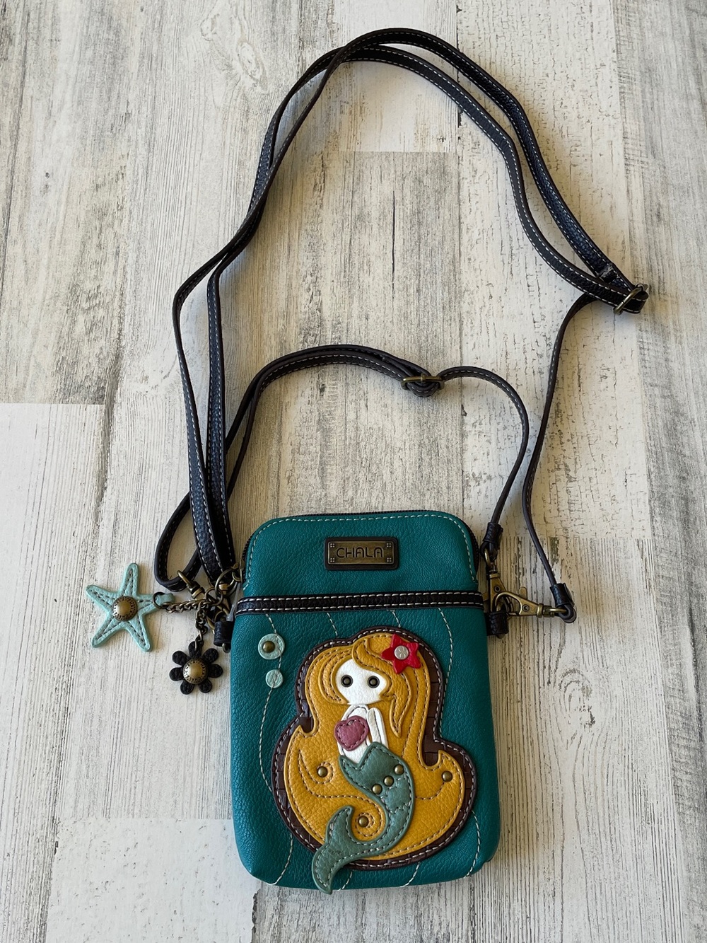 Chala Teal Blue Green Mermaid Appliqué Crossbody Bag with Golden Hair nwot